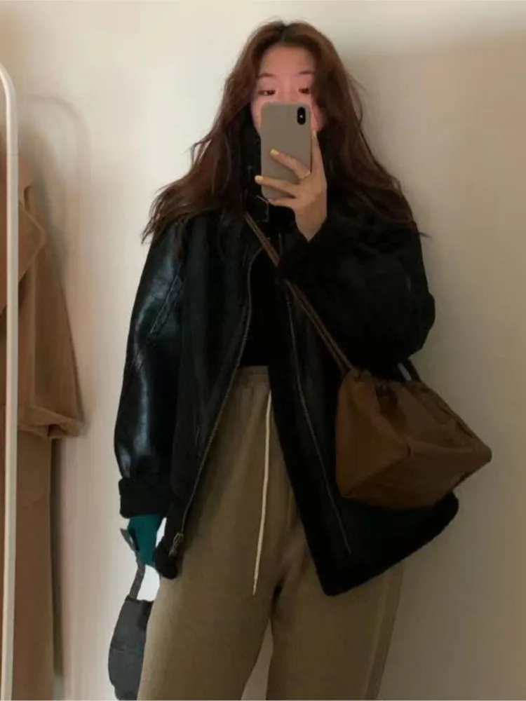 Women Faux Leather Fur Coats Sheep Leather Shearling Thicken Jacket Lady Fashion Long Sleeve Zipped Outerwear Winter Warm Coat