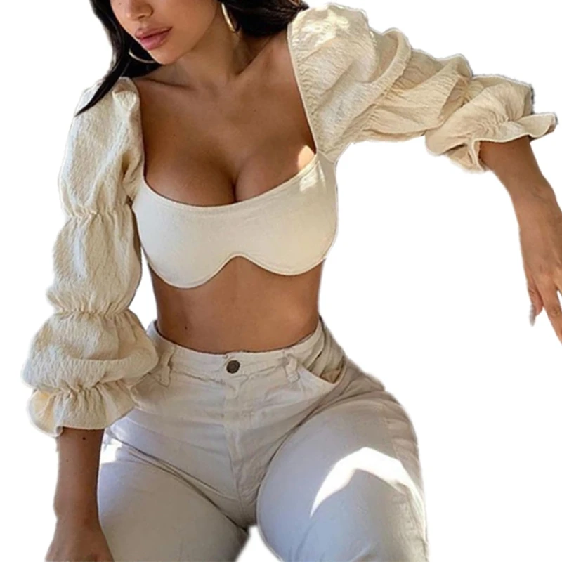 

J78E Women Vintage Wave Puff Sleeve Blouse Sexy Square Neck Tie Backless Crop Top