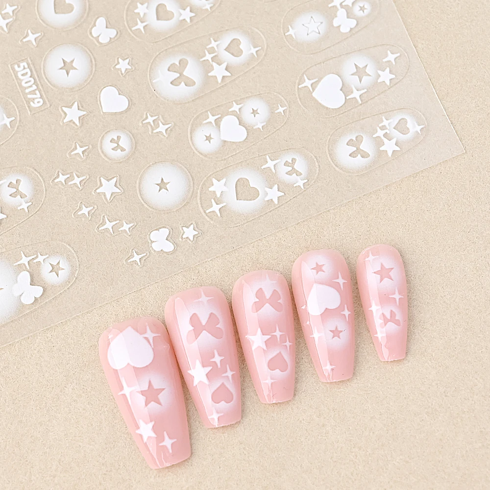 Белая наклейка для ногтей с полыми сердечками и звездами белая градиентная