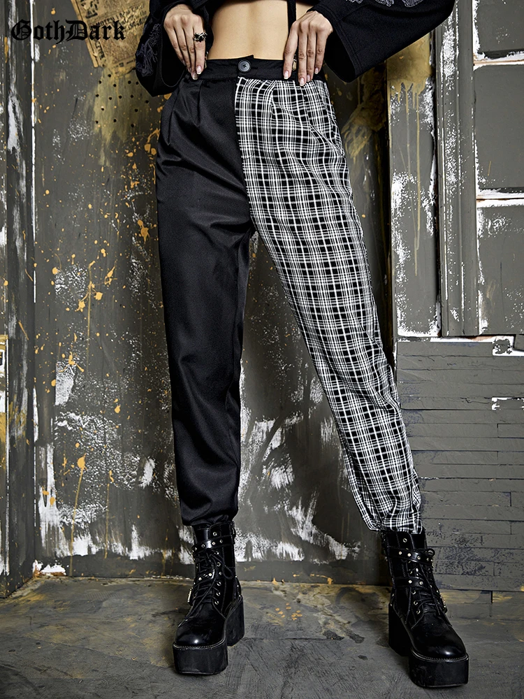 

Goth Dark Plaid Patchwork Gothic Aesthetic Pencil Pants Grunge High Waist Casual Women Trousers Color Match Fashion Streetwear