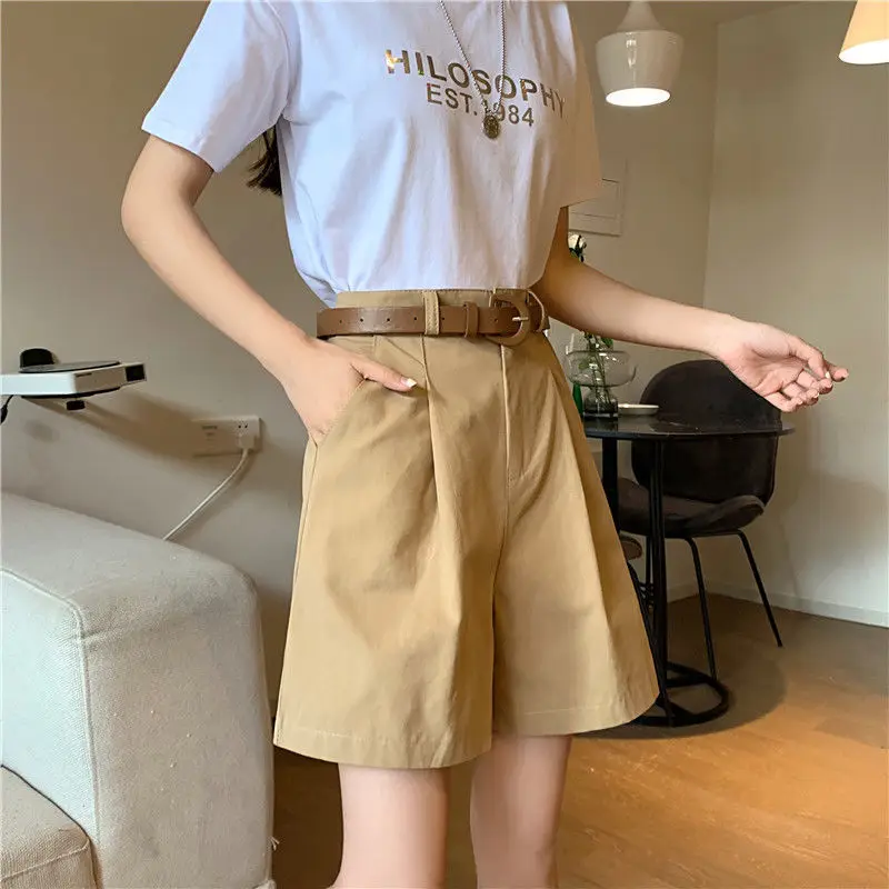 Khaki Suit Shorts Women Summer New Fashion Button Baggy Wide Leg Half Pants Korean Style Casual Female Clothing Plus Size