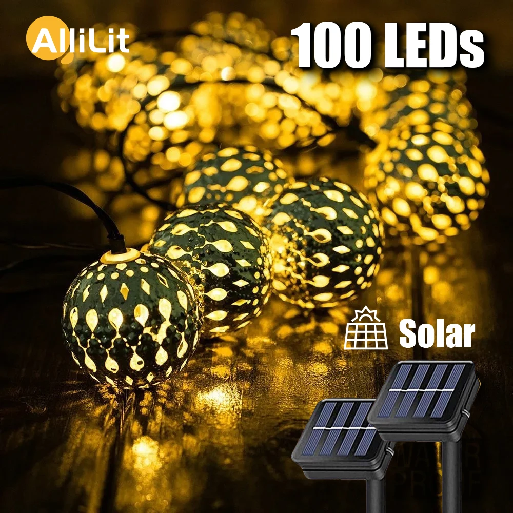 

100 г., светодиодная гирлянда с круглыми лампочками на солнечной батарее, марокканский ОРБ, металлические шарики, садовое уличное украшение, ...