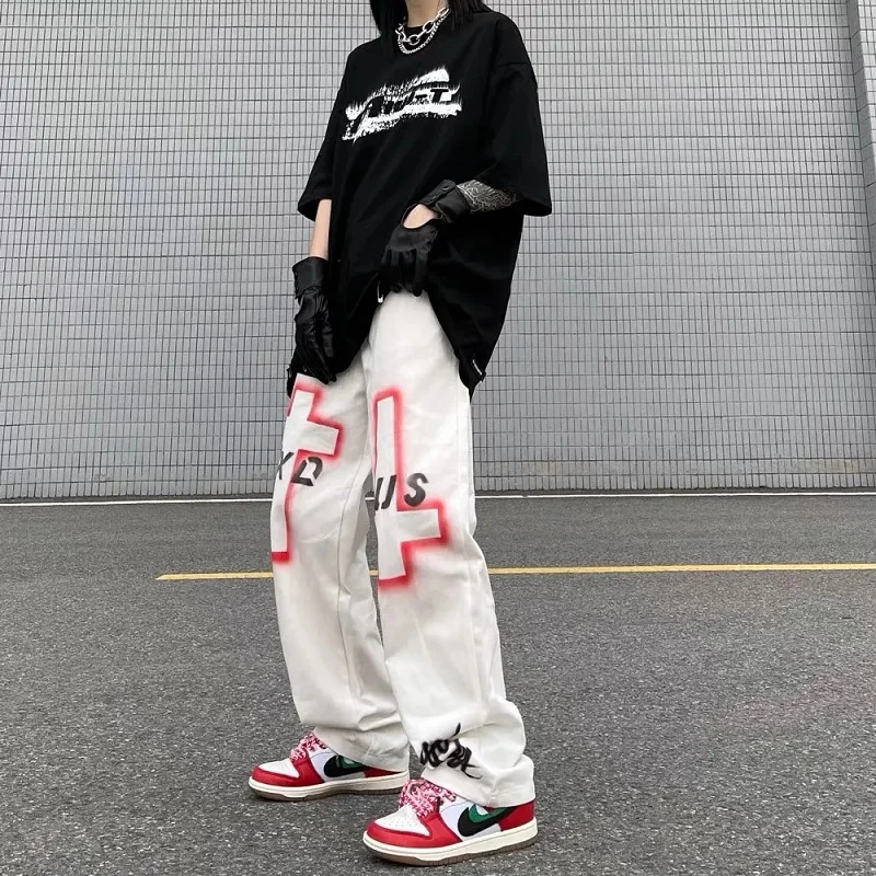 

Y2K High Waist Hip Hop Oversized Street Cross Print Product Casual Loose Pants Pocket Clothes Wide Leg Tooling Size Black Single