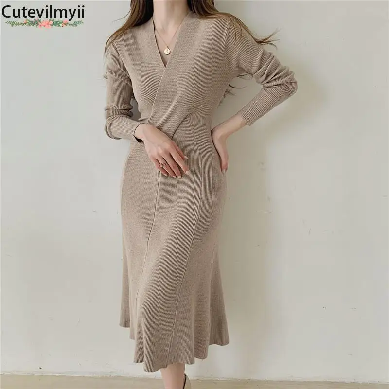 

Korean Solid V-Neck Sweater Knitted Midi Dress for Women Clothing Evening Vintage Bodycon Dresses Elegant Thick Warm Winter 2022