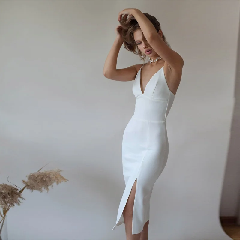 

Dinboa-sexy Backless White Party Dress for Women Spaghetti Strap High Split Slim Sheath 2022 New Spring