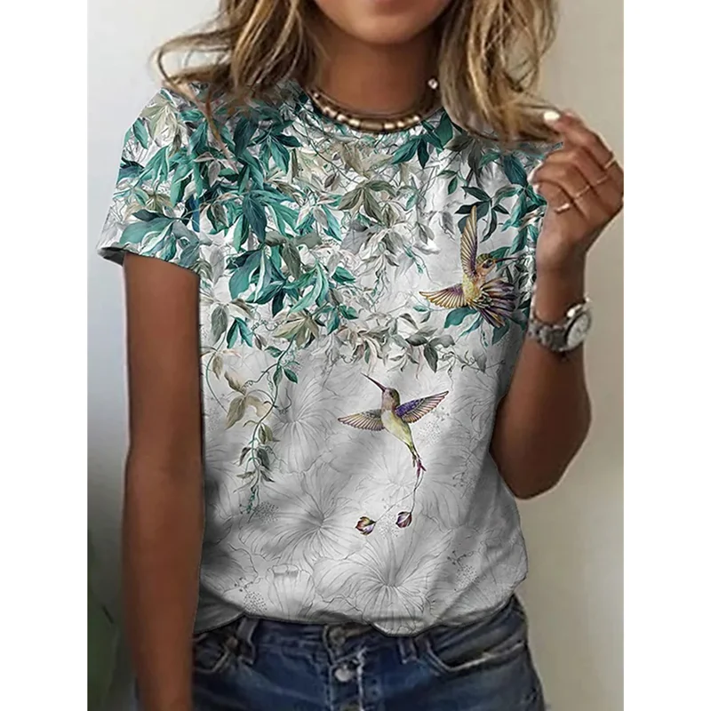 2022 Women's Summer T-Shirt Hummingbird Flower And Bird Pastoral Style  Short Sleeve Tee Digital Printing Animal Graphic T Shirt 3