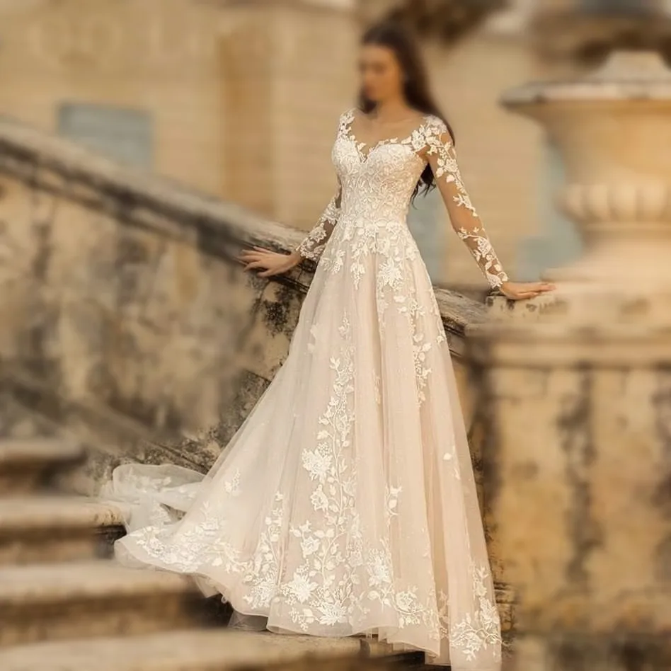 

Elegant O-Neck Wedding Dresses Lace Up A-Line Appliques Long Sleeves Wedding Bride Gowns Vestido De Noiva Robe De Mariée