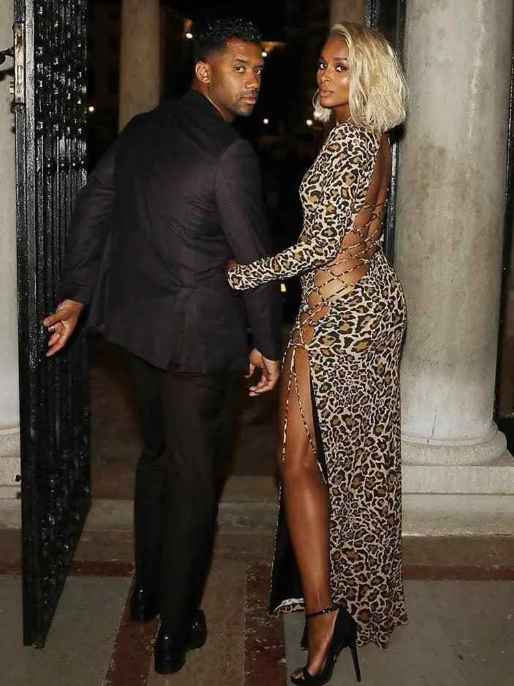 Женское платье с леопардовым принтом Ailigou длинное облегающее длинным рукавом