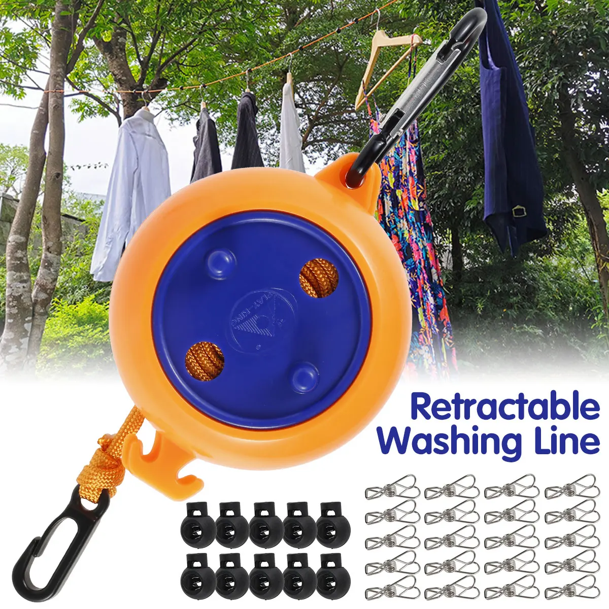 

8 Meters Clothesline Retractable Washing Line Travel Clothesline with 10 Fixed Buckles and 20 Clothespins Portable Laundry Rope