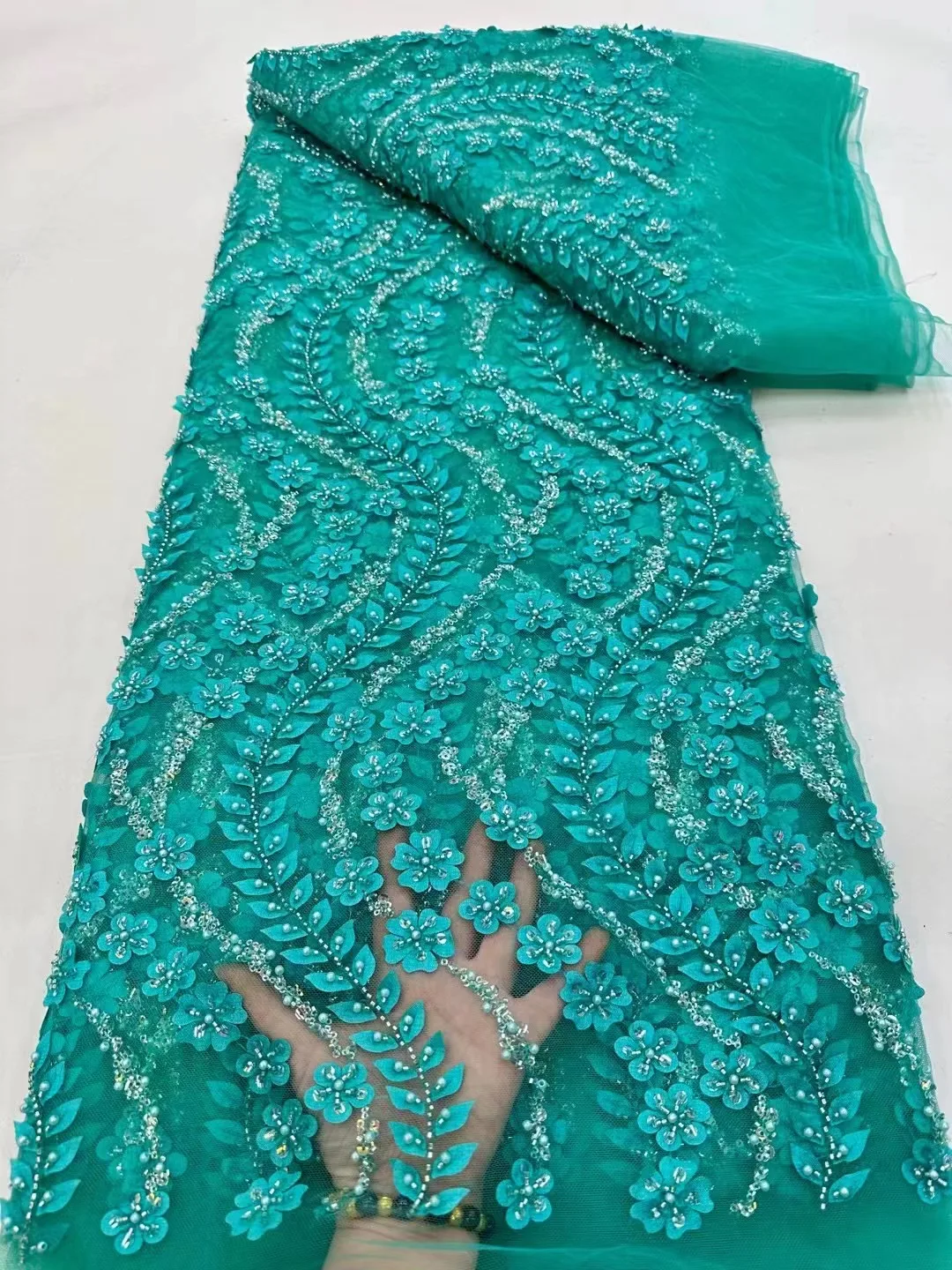 

African Handmade Beads Laces Fabrics Luxury Nigerian Sequins Mesh Lace Fabric French Bride Tulle Lace For DIY Wedding