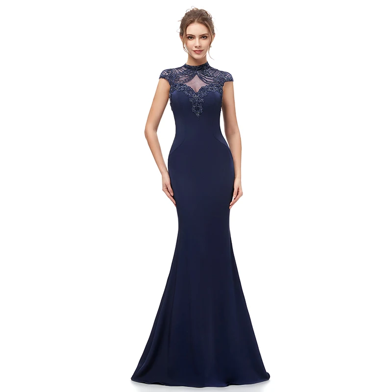 

High Neck Beading Illusion Cap Sleeves Evening Dress Floor Length Mermaid Prom Party Gowns Robe De Soiree 5306