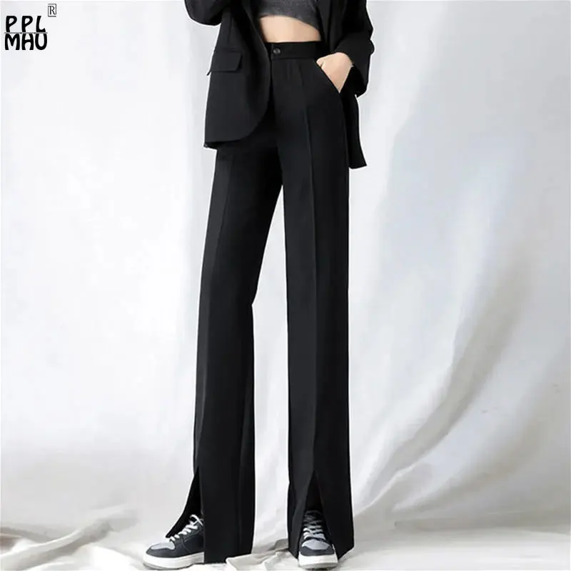 Classic Black Formal Work Loose Straight Trousers High Waist Suit Pants Casual Office OL Front Split Fork Wide Leg Pants Women