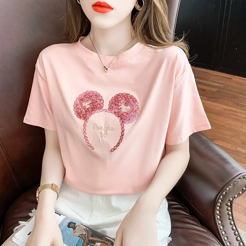 

Disney Mickey Mouse Cotton T-shirt Short Sleeve Shirts for Women Tshirt Harajuku Kawaii Clothes Clothing Graphic Tee O-Neck Tops