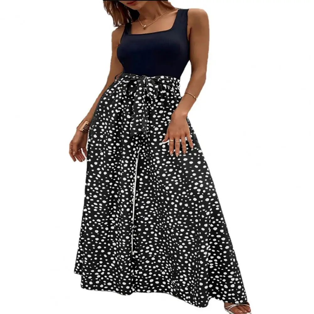 

Women Summer Jumpsuit Leopard Print Sleeveless Women's Jumpsuits Stylish Wide Legs High Waist with Belt Lace-up Detail Deep