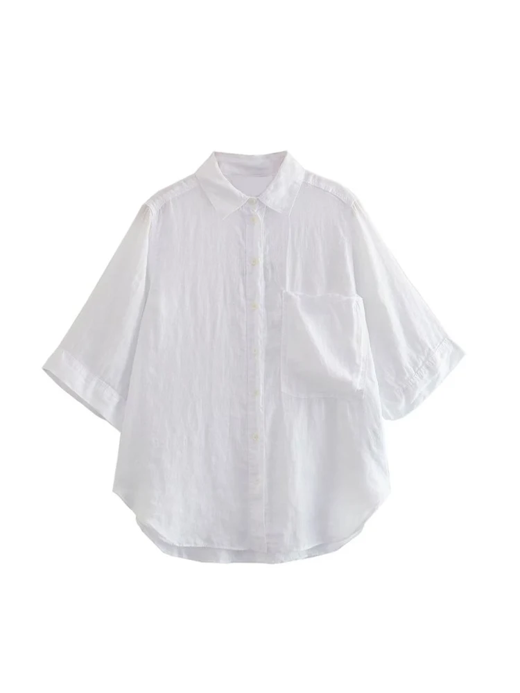 

Kumsvag 2023 Women Summer Linen Shirts Blouses Tops Fashion Loose Solid Pocket 3/4 Sleeve Female Elegant Street Top Clothing