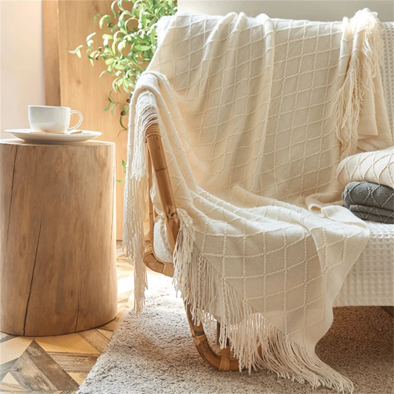 

Fashion Single Person Blanket Plaid Multi-functional Blanket Office Nap Blanket Nordic Solid Knitted Tassel Blanket