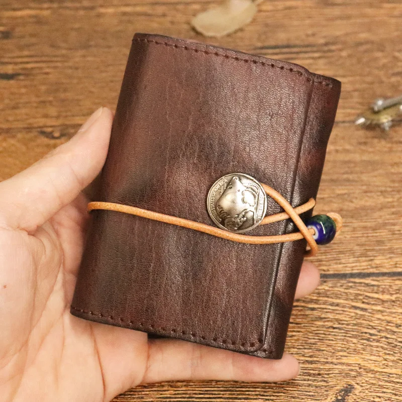 Handmade Genuine Leather Men Card Holder Small Wallets with Hasp Coin Pocket 2023 Vintage Drawstring Design Short Wallet for Men