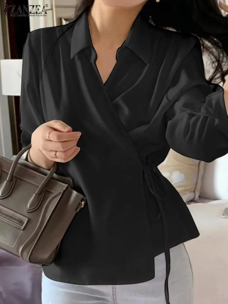 

ZANZEA Waist Tie Lapel V Neck Blusas Women Korean Solid Color Long Sleeve Wrap Blouses Casual 2023 Spring Fashion White Shirts