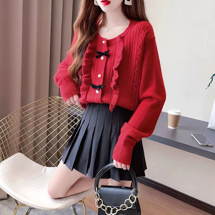 

Женский вязаный кардиган с бантом, маленькая кофта с волшебным листьем лотоса, свитер для девушек на весну и осень