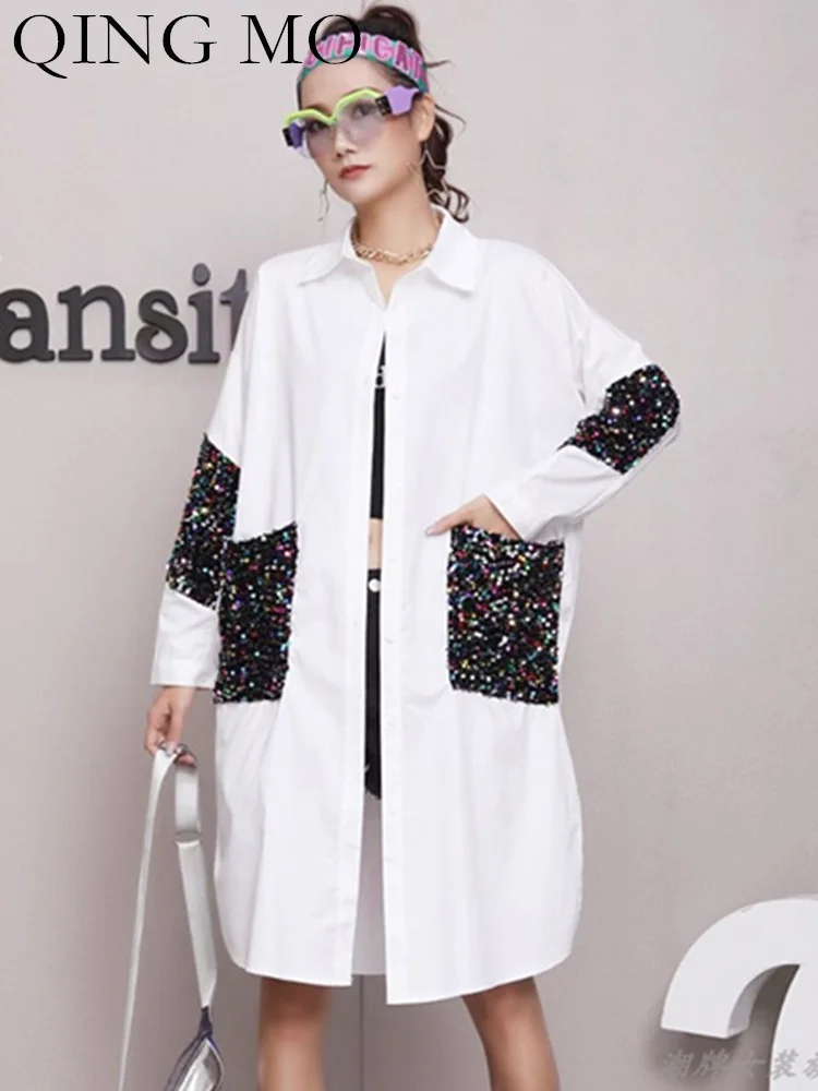 

QING MO 2023 Spring Autumn New Shirt Female Design Medium Length Cardigan Sequin Coat Women Streetwear Dress ZXF1073