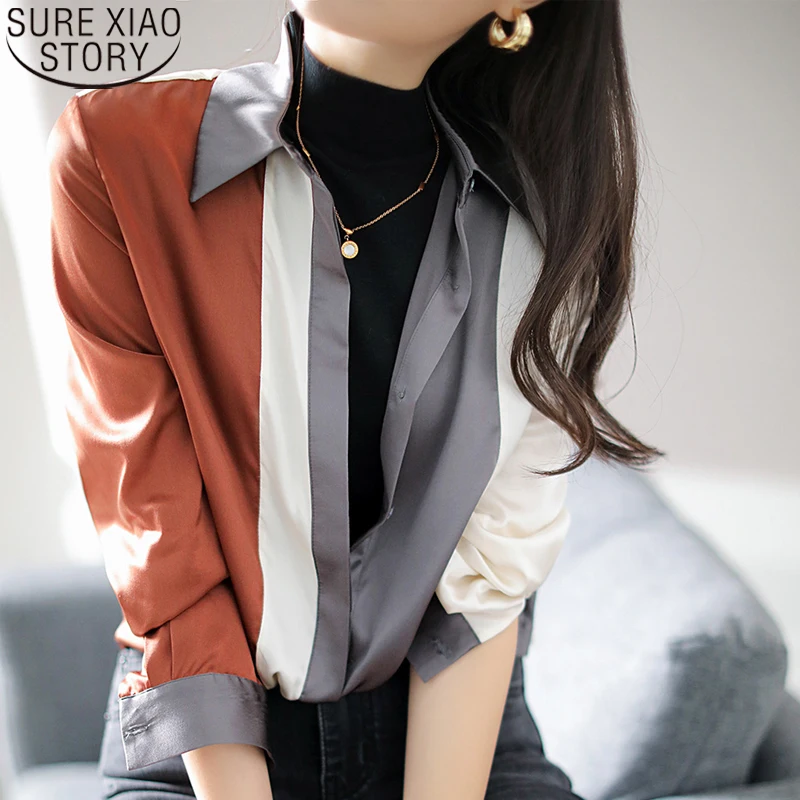 

Office Lady Bright Satin Shirt Stripe Long Sleeve Blouse Women Tops Silk Stretch Shirts Spring 2023 New Button Clothes 19566