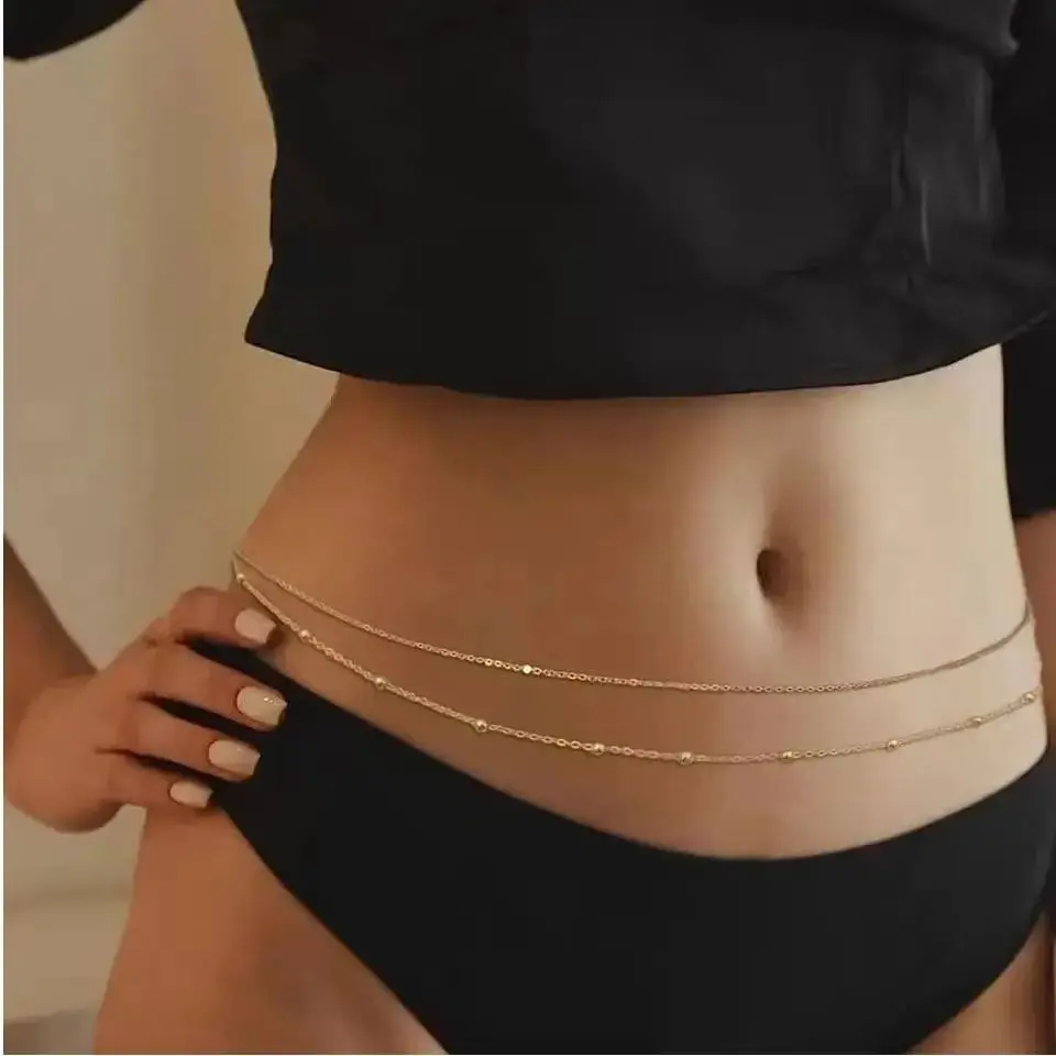 Фото Двухслойные цепочки на живот в стиле хип-хоп для женщин Y2K золотого цвета, пляжное бикини, цепочка на талию, ювелирные изделия, элегантные универсальные аксессуары №4