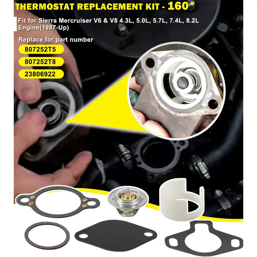 Фото Комплект термостатов 160°C 807252T5 807252T8 для двигателей Sierra Mercruiser V6 V8 4.3L 5.0L 5.7L 7.4L 8.2L (23-806922) °   Соединительная втулка с прокладкой №3