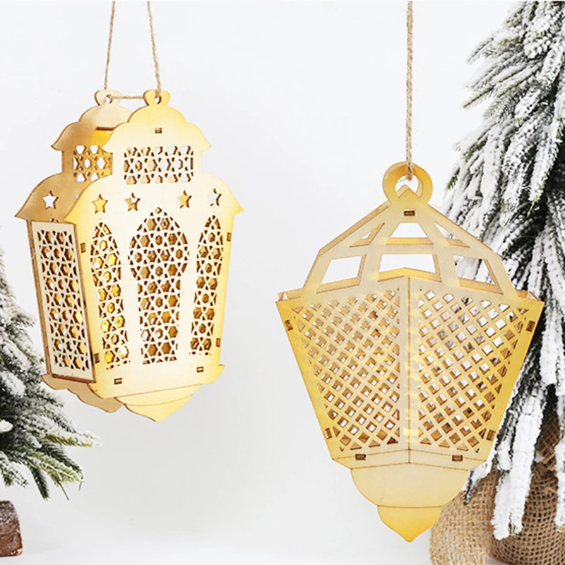 

2022 Ramadan Decoration Eid Mubarak LED Light Decoration Hanging Ramadan Night Light Mid East Style Wooden Pendant for Festival