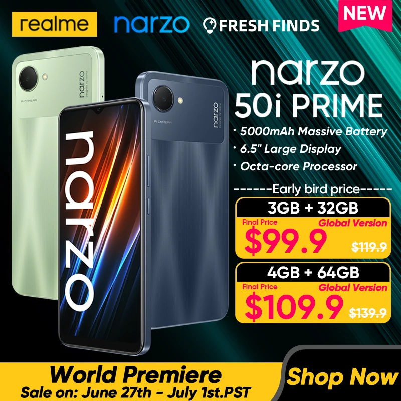 [Мировая премьера] Realme Narzo 50i Prime Новый смартфон Массивная батарея 5000 мАч Большой