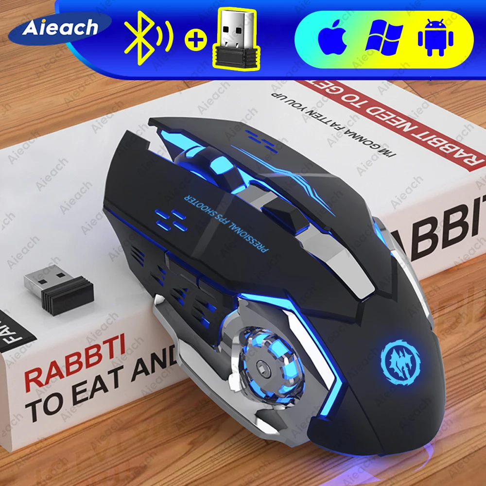 Фото Перезаряжаемая Беспроводная Игровая Мышь С Bluetooth USB Механическая Киберспортивная Мышь С Подсветкой Бесшумная Компьютерна... №1