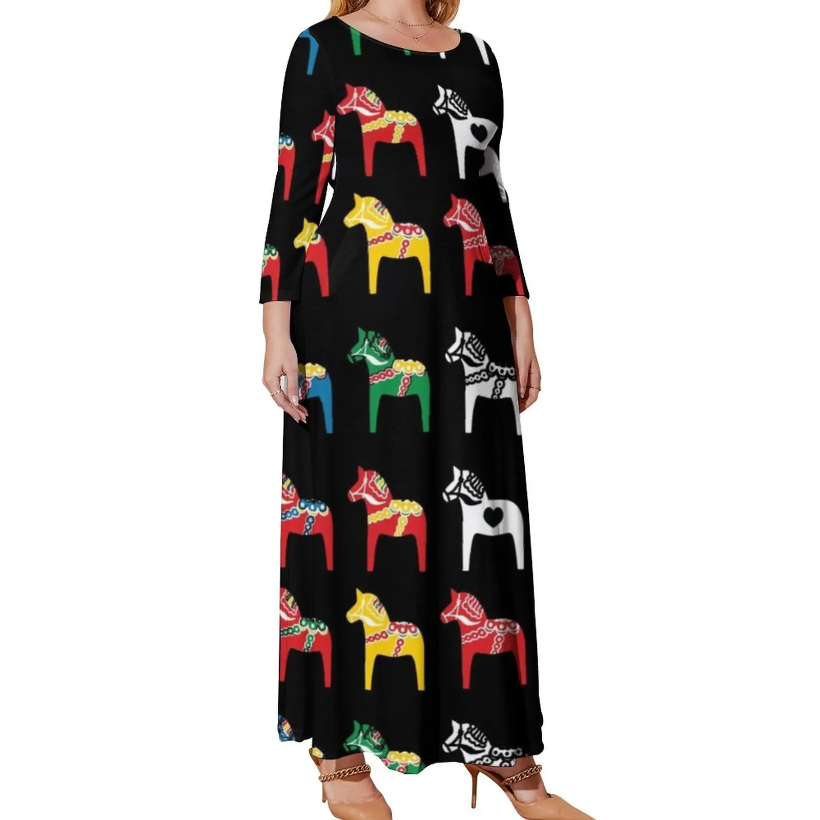 Sweden Horse Colorful Dress Plus Size Dala Horses Traditional Party Print Maxi Dress Long Sleeve Street Style Beach Long Dresses