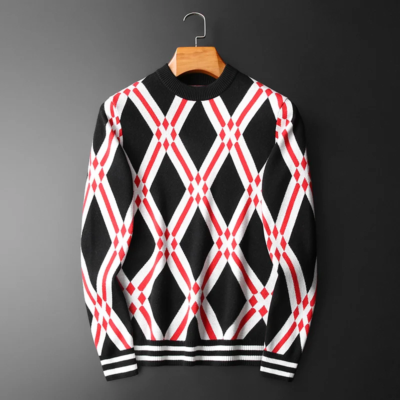 2023 Contrasting Color Lattice Print  Men Long Sleeve Slim Knitted Pullover Sweater Social Dress Shirt Streetwear Clothing