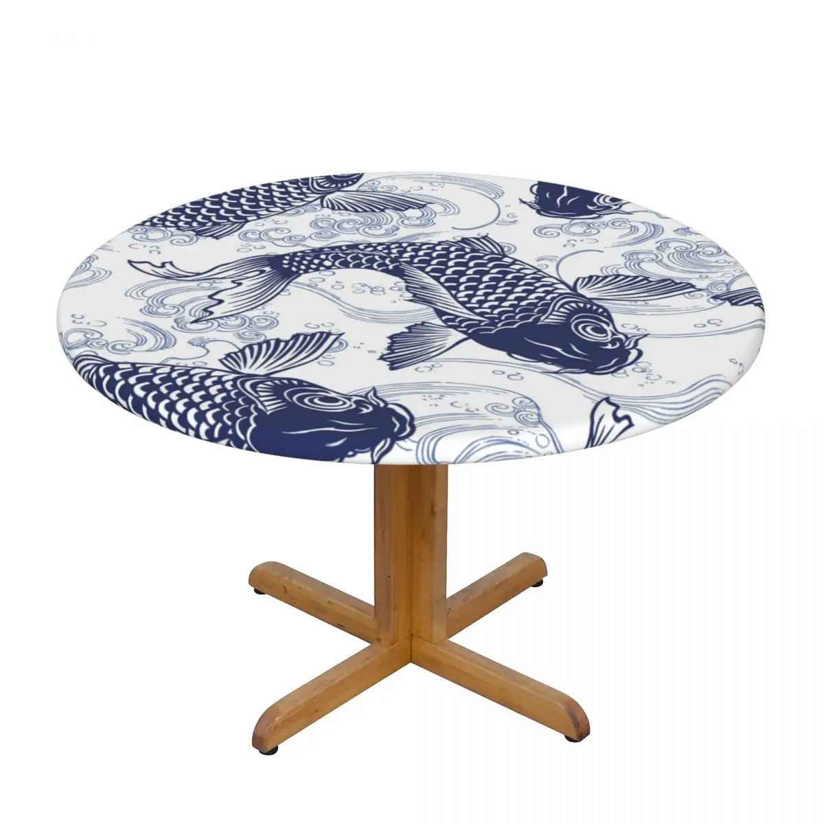 Fitted Round Tablecloth Protector Soft Glass Table Cover Blue Fish Carp Koi Wave Pattern Anti-Scald Plate Kitchen Home Tablemat