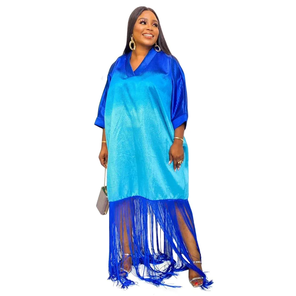 

African Dresses for Women Summer African Women Half Sleeve V-neck Blue Polyester Knee-length Dress African Clothes Women L-4XL