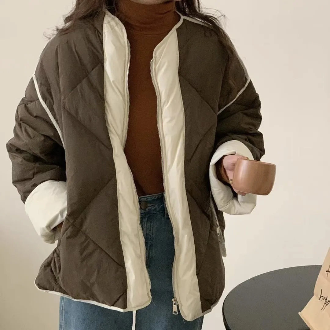 Collision Stitching Rhombus Down Jacket Women's Round Collar Design Sense Short Cotton Jacket White Duck Down Warm Jacket