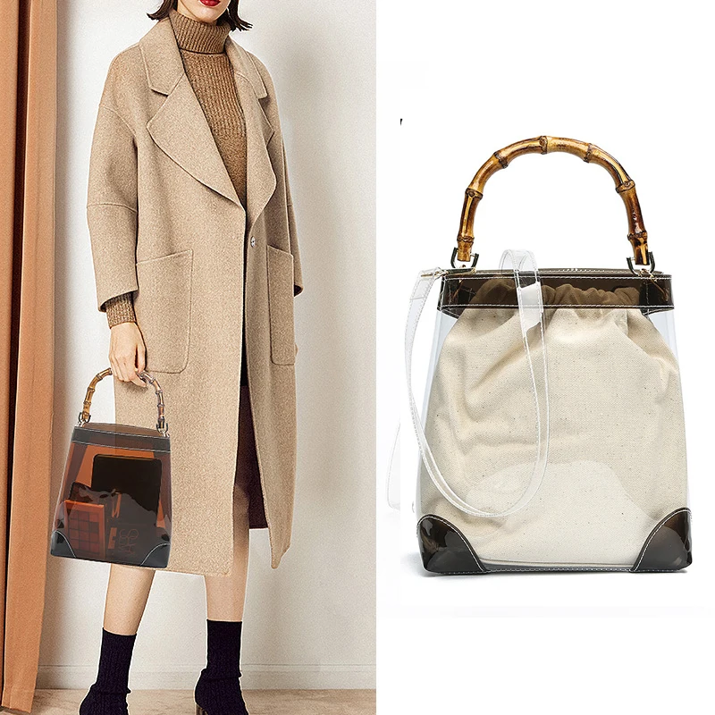 

Женская прозрачная сумка HISUELY, летняя Соломенная пляжная сумка через плечо из ПВХ с бамбуковой ручкой, 2 шт., 2022