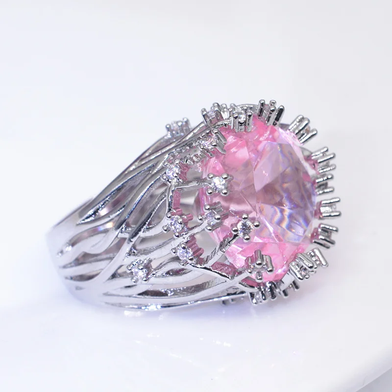 

New 925 Sterling Silver Ring Inlaid Pink Crystal Zircon Exaggerated Ring For Woman Wedding Jewelry Gift