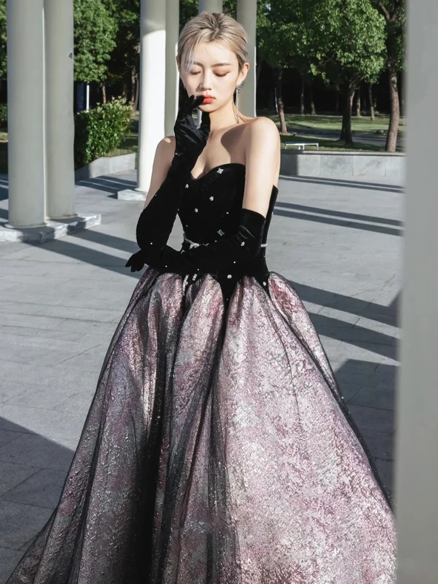 Luxury Black Celebrity Dresses Pearl Chain Gloves Women Sexy Princess A-line Strapless Prom Evening Party Gowns Vestido De Festa