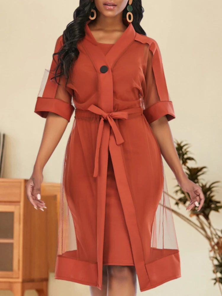 

Women Two Pieces Set See Through Outwear Transparent Coat Vest Dress Waist Belt Arican Fashion Sexy Party Celebrate Event Suits