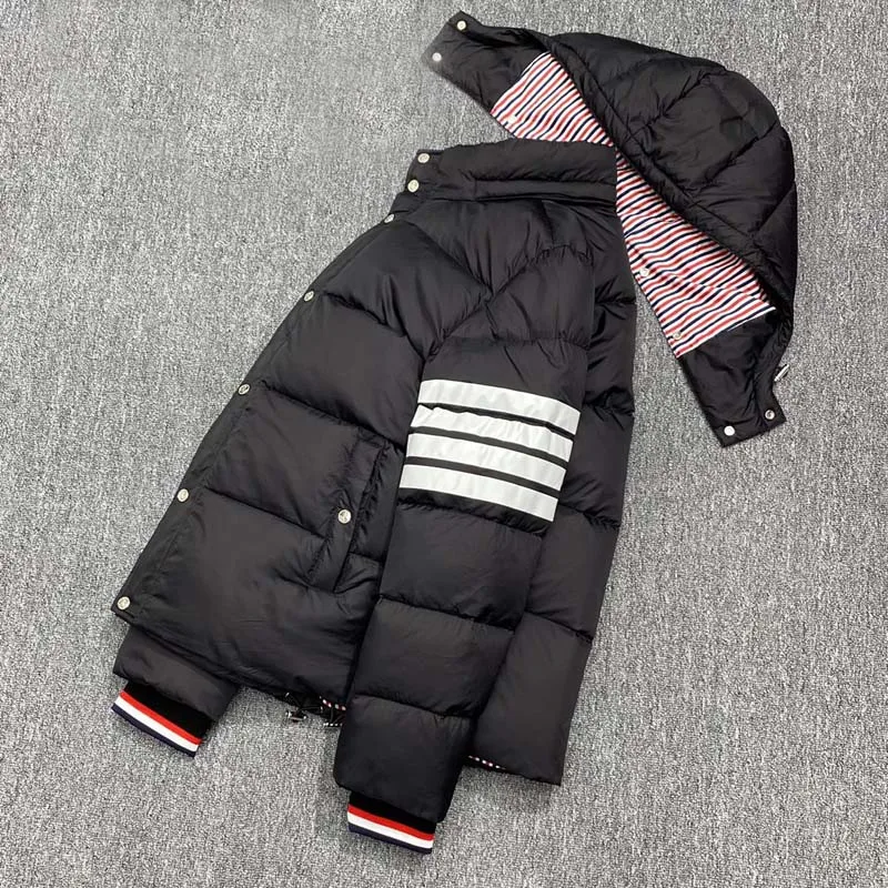 Winter Down Jacket Luxury Brand Classic White Striped Design Duck Down Jacket Korean Fashion Style Hooded Short Jacket