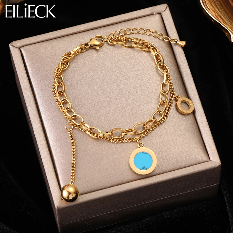 

EILIECK 316L Stainless Steel Gold Color Multilayer Roman Numeral Charm Bracelet For Women Girls Fashion Wrist Jewelry Party Gift