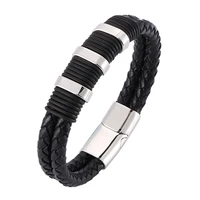 fashion double layer braided leather bracelet men punk rock hand jewelry stainless steel trendy charm party bangles gifts pw805
