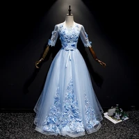 elegant blue a line o neck tulle appliques evening dresses half sleeves floor length princess shiny beading party prom gown 2022