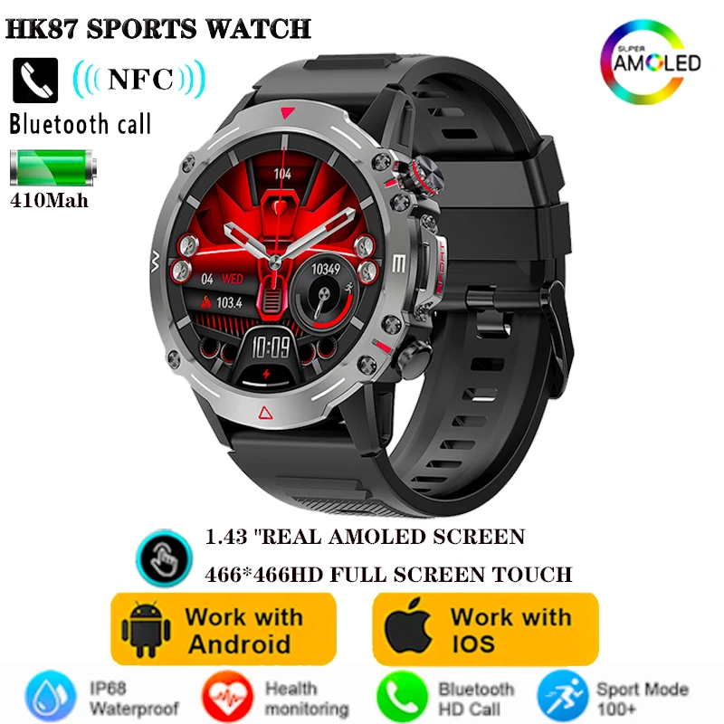 

AMOLED Screen Bluetooth Call HK87 Smart Watch Men 2023 NFC Heart Rate Health Monitor IP68 Waterproof 410mAh Sport Smartwatch