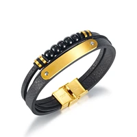 fashion classic round bead titanium steel accessories double layer personality simple mens new leather bracelet