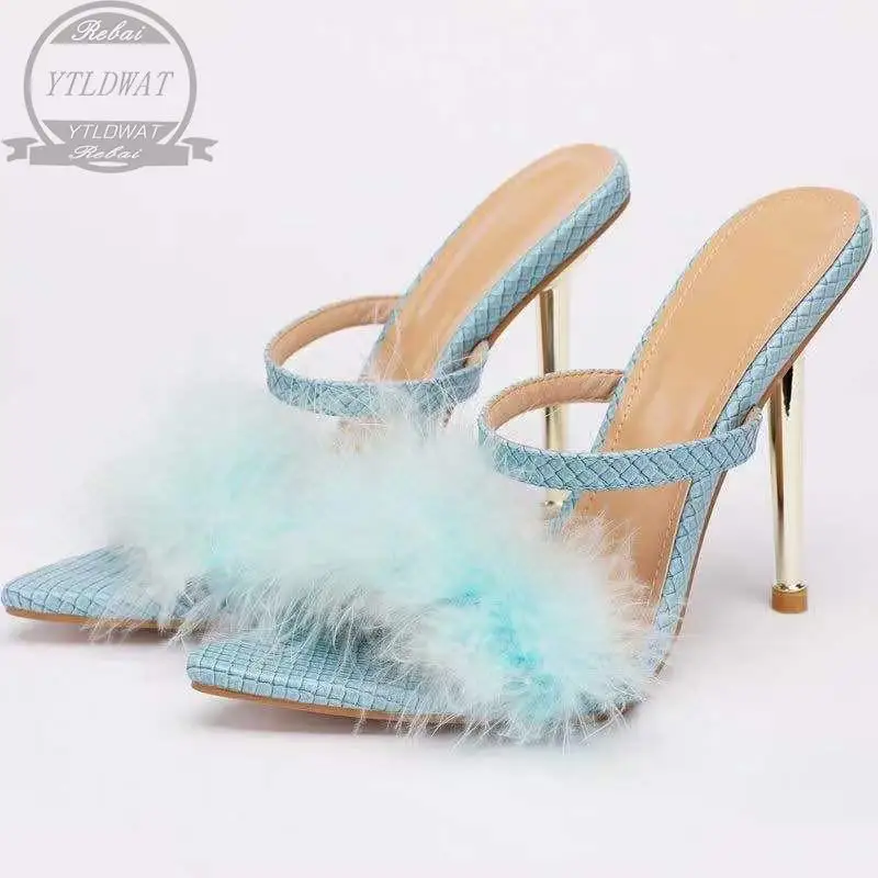 2022 NEW Summer New Pointed Black Feather Heels Hairy Shallow Open Toe Shoes Super High  Women's Sandals Pump  Zapatos