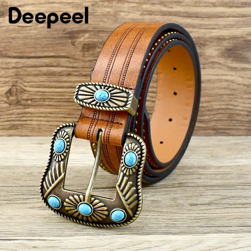 Deepeel 3.8*120cm Women's Vintage Leather Belt Cowboy Stone Buckle Belts for Women Embossed Decorative Wide Waistband with Jeans