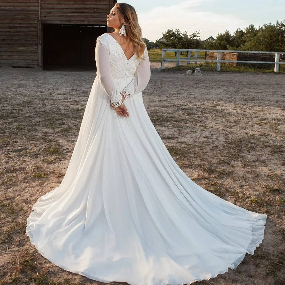 

Challoner Plus Size Simple Wedding Dresses V-Neck Full Sleeve Embroidery Backless Zipper Chiffon Bridal Gown Sweep Train Vestido