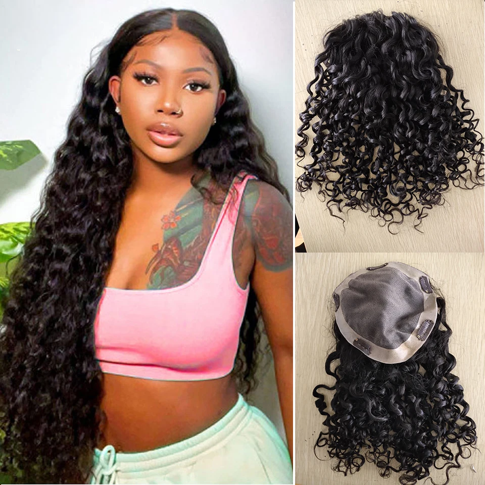 20 inch Real Human Hair Topper for Women European Hair Toupee In Hair Topper Fine Hairpiece Natural Scalp Mono Base Curly Wigs