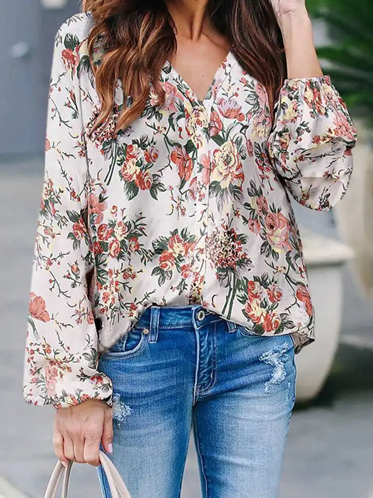 

ZANZEA Bohemian Elegant Sexy Blouse Women's Floral Printed Tunic Tops 2023 V-neck Casual Ladies Long Puff Sleeve Blusas Feminina